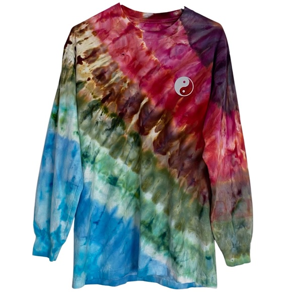 Hand Crafted Tops - Reflective Yin Yang Handmade Custom Upcycled Tie Dye Tshirt Long Sleeve Large